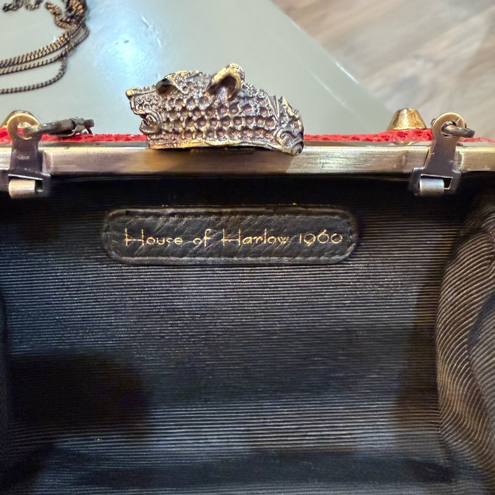 House of Harlow 1960 Red Snake-Texture Studded Clutch with Chain - Picture 5 of 6